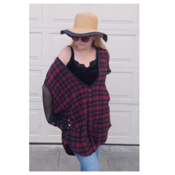 5/$100 SALE -  LF Furst of a Kind Oversized V Neck Flannel with Fishnet Arms - Picture 6 of 12